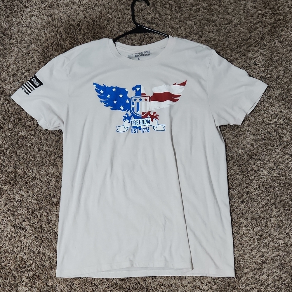 Blue and White Short Sleeve Tee with Patriotic Eagle Design